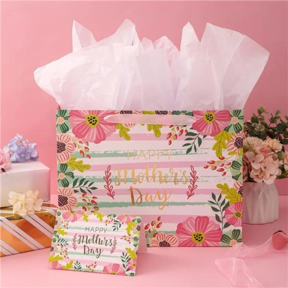 Pink Large Mother's Day Gift Bag with Card and Tissue Paper for Mom Grandma Bags